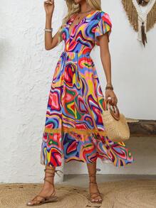 Breezaya Woven Printed Lace Spliced Ruffle Sleeve V-Neck Dress - Multicolor - View 4