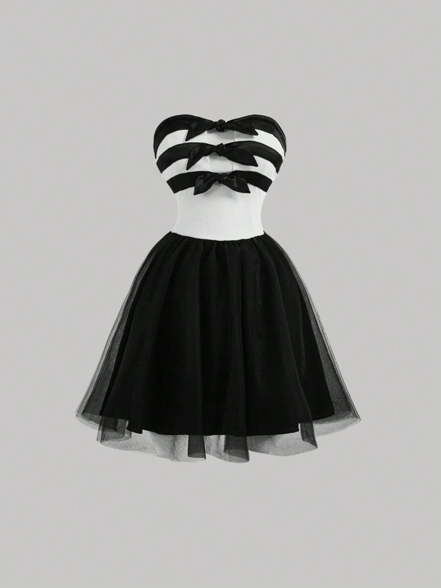 SHEIN MOD Vestido mini con bloques de color, sin tirantes, con nudo de lazo y corte de tul para fiesta de graduación - Blanco y Negro - Ver 1