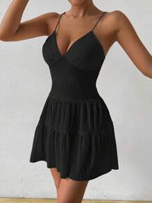 SHEIN Unity Women's Summer Solid Color Ruffle Hem Casual Strappy Dress - Black - View 5