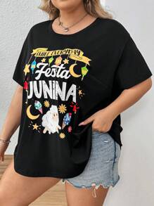 SHEIN CURVE+ Áo thun in chữ hoạt hình vui nhộn cỡ lớn mùa hè - màu đen - Xem 3