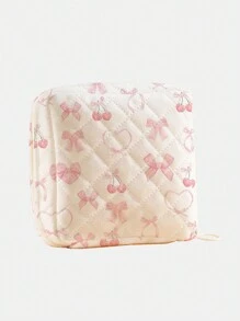 ROMWE Kawaii Pink Bowknot & Cherry Pattern Double-Sided Printed Rhombus Grid Storage Bag Valentines - Multicolor - View 1
