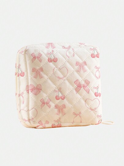 Kawaii Bolsa de almacenamiento con impresión doble cara de rombos en cuadrícula con patrón de lazos y cerezas de color rosa, ideal para San Valentín