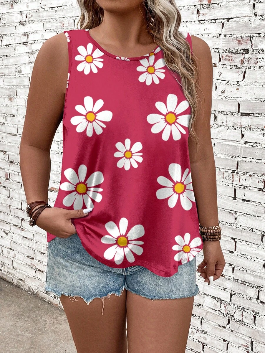 EMERY ROSE Top casual sin mangas veraniego con patrón floral de margaritas, camisola y top para mujeres de talla grande