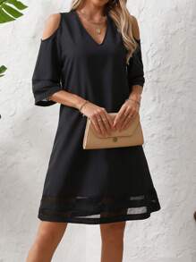 SHEIN Clasi Summer Casual V-Neck Mesh Splicing Open Shoulder Dress - Black - View 4