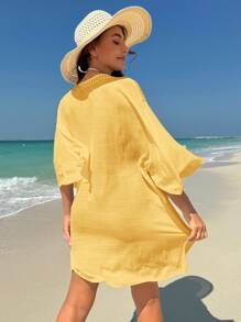 Summer Solid Color Hollow Out Patchwork Side Slit Beach Cover-Up - Yellow - View 2