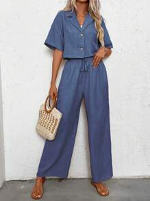 SHEIN LUNE Ensemble de chemise à manches courtes en lin et de pantalon pour femmes pour les vacances et les loisirs - Bleu marine - Voir 5