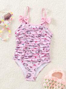 少女一件式泳衣，印有卡通獨角獸圖案和蝴蝶結裝飾 - 彩色 - 查看 1