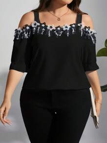 SHEIN Clasi Plus Size Open Shoulder Floral Printed Casual Summer Shirt