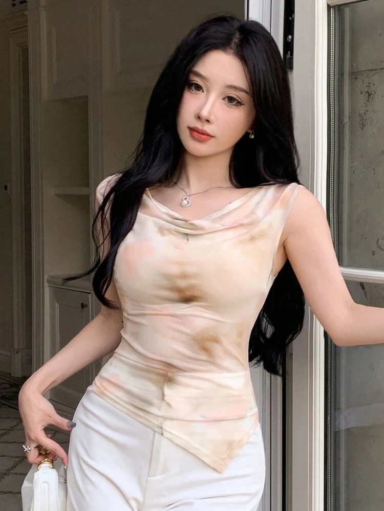 Women Summer Sensual Casual Net Yarn Tie-Dye Design Scooped Neck Sleeveless Tank Top Top