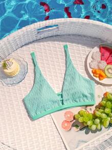 SHEIN Swim Summer Beach Pool Solid Color Textured Deep V Bikini Top - Mint Green - View 4