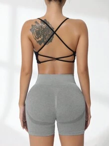 Easithlete Quần short thể thao liền mạch cạp cao màu trơn, quần short nỉ mùa hè cho nữ, quần short tập gym, quần short đi xe đạp - Xám - Xem 6