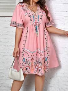 EMERY ROSE Vestido estampado de verano con mangas de volantes y cuello en V para tallas grandes, ideal para vacaciones - Multicolor - Ver 3