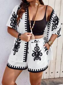 SHEIN Clasi Regular Plus Size Boho Vacation Casual Random Print Short Sleeve Shirt And Shorts Two-Piece Set, For Summer Tropical Colorblock Floral Print