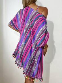 4 件套时尚几何印花褶皱比基尼套装上衣和几何图案下装，多色流苏罩衫和短裤比基尼套装，夏日狂欢夏日海滩 - 紫色 - 查看 2