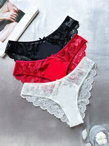 3pcs Ladies' Solid Color Lace Low-Waist Underwear With Bowknot Decoration Lingerie Bow Tie