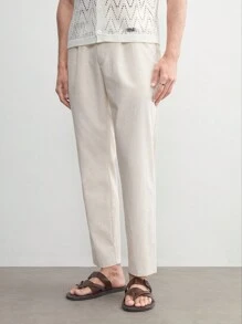 AKNOTIC Business Casual Vải Lanh Nam Tuổi Tiền Phong Cách Công Sở Co Giãn Thấp Co Giãn Polyester Viscose Vải Lanh Dệt Thon Gọn Phù Hợp Với Quần Cho Mùa Hè - Màu Khaki - Xem 3