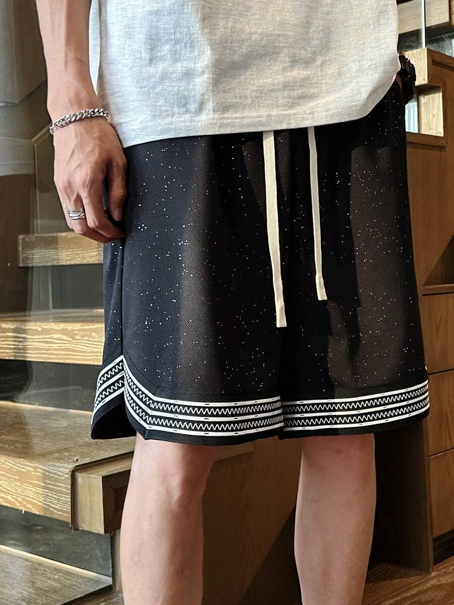 Claim Dot Men's Drawstring Waist Casual-Fit Casual Shorts With Wavy Stripes Print - Black - View 1