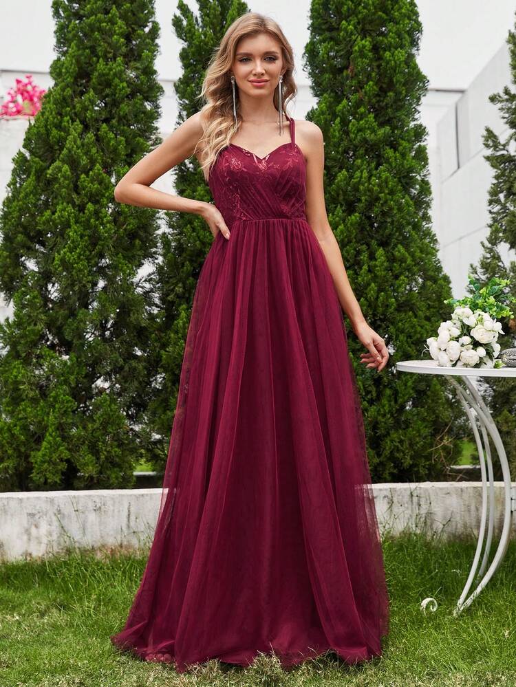Ever-Pretty Vestito da Cerimonia Donna Tracolla Regolabile Scollo a V Senza Maniche Elegante Abito da Damigella Borgogna 46