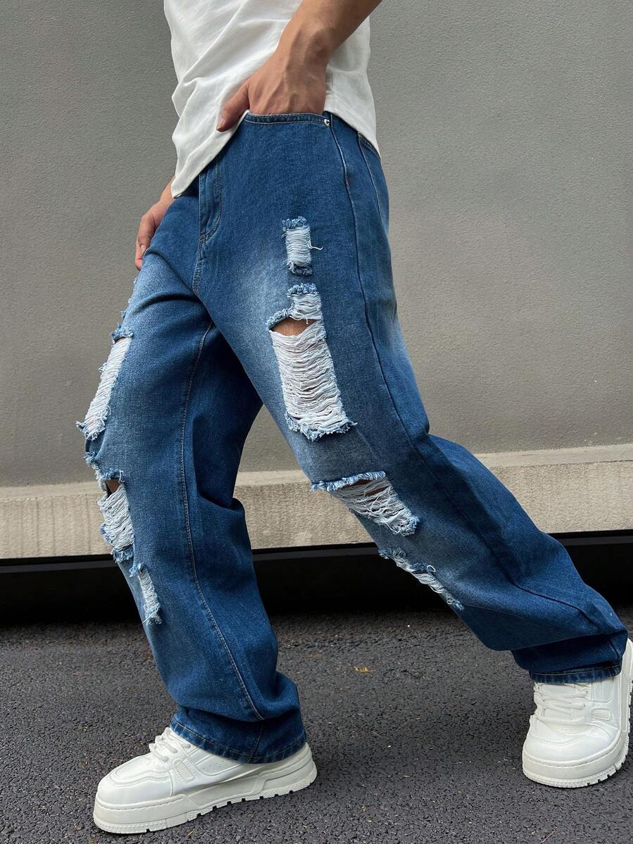 男士時尚直筒撕裂牛仔褲，街頭潮流必備款 - 中等水洗藍 - 查看 1