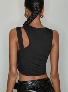 JRart Artist Dark Casual Printed Asymmetrical Shoulder Strap Crop Tank Top For Women, Holiday, Vacation - Black - View 4