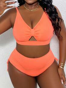 Conjunto de bikini de talla para mujer, de unicolor, con pliegues,, para la playa de verano - Naranja Quemada - Ver 4