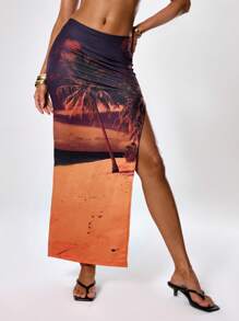 MUSERA Maxirock mit hohem Schlitz und Strandmotiv-Muster, im Boho-Stil, sommerlich und niedlich für Partys - Rot - Übersicht 3