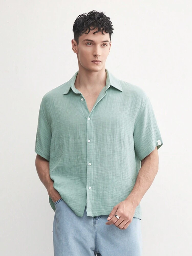Cotton Men's Double Layer Twill Loose Drop Shoulder Short Sleeve Shirt, Suitable For Summer