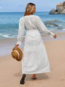 RueChic Embrodery Belt Detail Long Dress - White - View 2