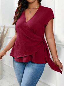 EMERY ROSE Plus Size Women's Fashionable Solid Color Casual V-Neck Blouse - Burgundy - View 7