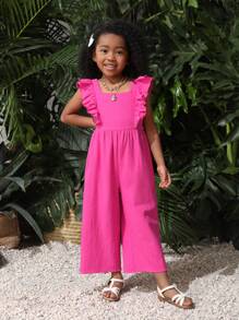 SHEIN 年輕女孩編織純色無袖連身褲，帶褶邊裝飾，休閒風格和寬鬆版型