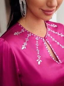 MOTF PREMIUM KEYHOLE NECK RHINESTONE DETAIL LANTERN SLEEVE PLEATED HEM DRESS - Hot Pink - View 3