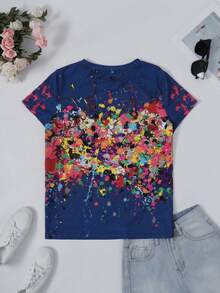 T-shirt col rond décontracté abstrait, vacances décontractées - bleu indigo - Voir 2