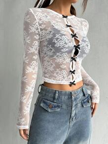 SHEIN EZwear Women's Summer Sexy Lace Bow Decorated See-Through Slim Cropped Top - White - View 3