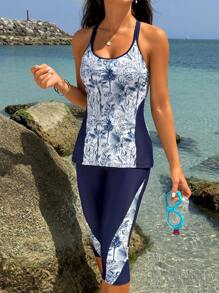 Swim Lushoire 女士植物印花细肩带比基尼泳装，夏季海滩泳装 - 藍色 - 查看 1