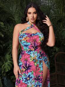 SHEIN SXY High Slit Tropical Print Long Vacation Dress With Flared Hemline, Summer - Multicolor - View 8