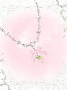 ROMWE Kawaii 1pc Cute Pink Strawberry Bow Pendant Necklace, Perfect For Daily Wear Valentines - Baby Pink - View 2