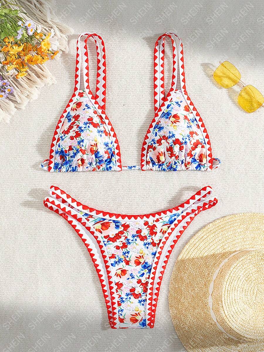SHEIN Swim Conjunto de bikini sexy para mujeres con estampado floral de vacaciones, estampado al azar - Multicolor - Ver 1