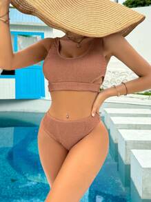 SHEIN Swim Women Plain Color Hollow Out Bikini Set Bathing Suit For Swimming Pool Vacation Summer Beach