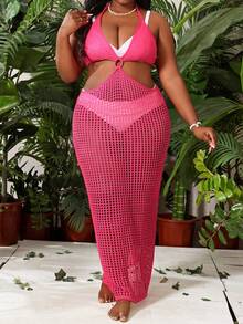 SHEIN Swim Curve 夏季大码镂空针织露背挂脖沙滩罩衫连衣裙 - 玫紅色 - 查看 6