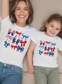 Teen Girl Valentine's Day Love Print Short Sleeve T-Shirt, Mother And Daughter Matching Set (3 Items Sold Separately)