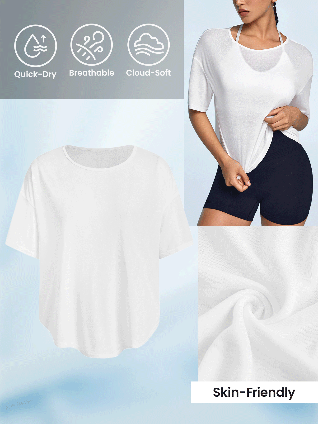Easithlete Crew Neck Solid Color Short Sleeve Sports T-Shirt For Summer - White - View 2