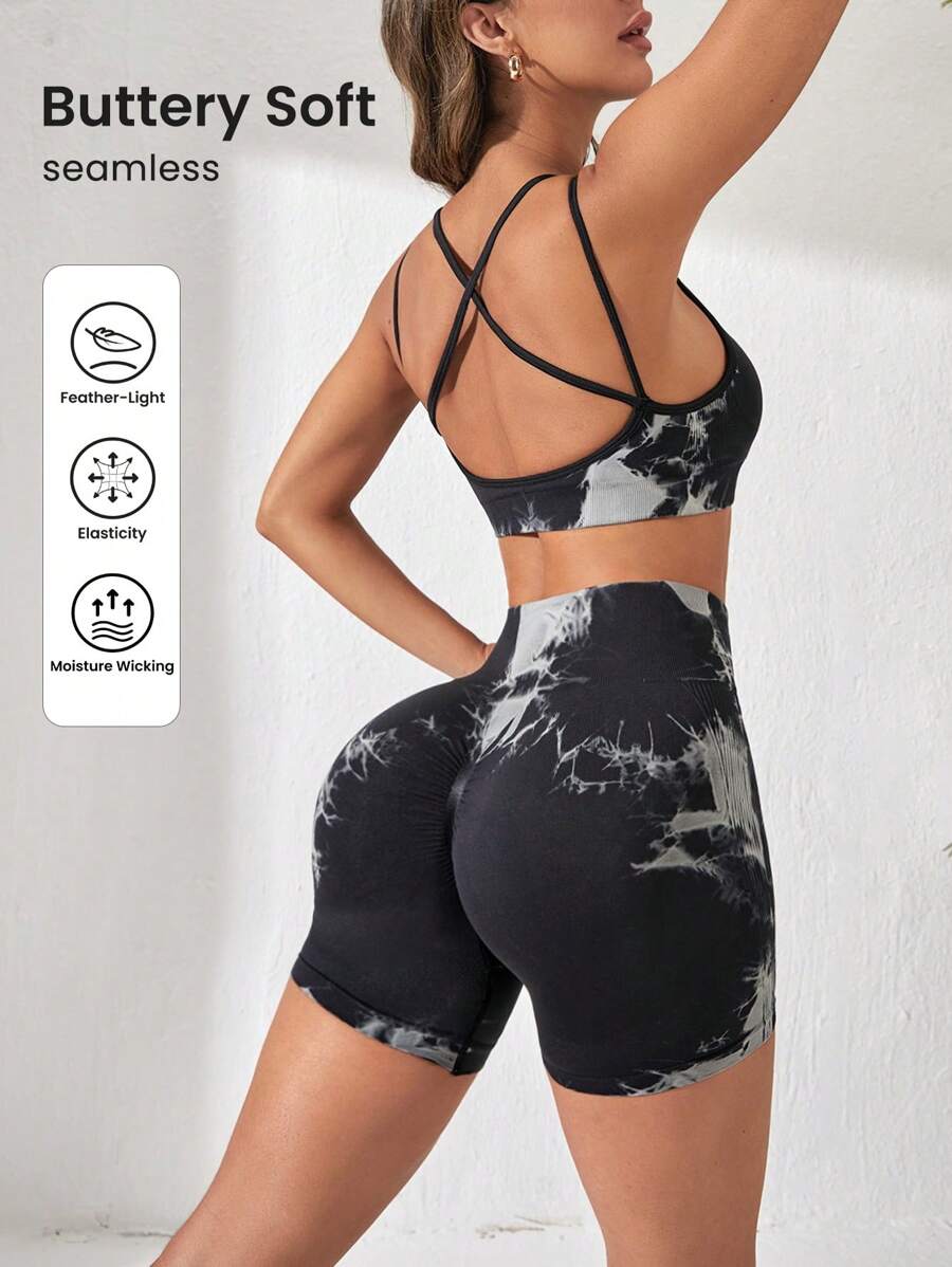 Easithlete 紮染後背十字交叉運動套裝 - 黑色 - 查看 1