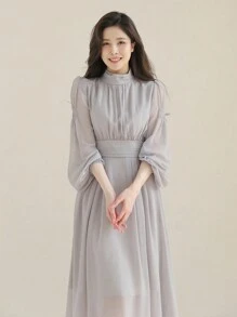 DAZY Mock Neck Lantern Sleeve Dress,Fall Dress Long Sleeve Dress - Light Grey - View 1