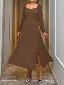 EURMUSE Cổ Trái tim Tay áo lồng đèn Tách đùi Đầm - Cà phê nâu - Xem 5