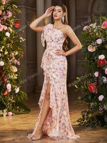 Double Crazy Robe à col asymétrique avec nœud, imprimé floral élégant, ourlet à volants. Convient pour les concerts, les fêtes, les vacances, les mariages, les soirées, les événements formels.