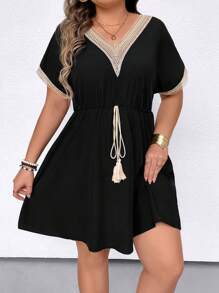 Truni Sometimesglam Plus Size Vacation Casual Color Block Lace Patchwork Batwing Sleeve Cinched Waist Dress, Summer, For Pear Triangle Body Shape - Black - View 3