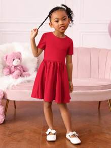 SHEIN Robe courte en tricot unie à manches courtes et dos évidé pour fille jeune, parfait pour un usage décontracté quotidien