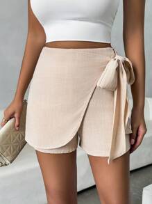 Chiquease Women's Solid Color Casual Linen Wrap Skirt With Waist Knot - Apricot - View 4