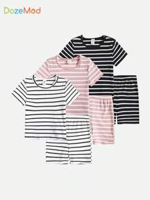 SHEIN Baby Girls' Casual Knitted Striped Short Sleeve Homewear Set - Multicolor - View 1
