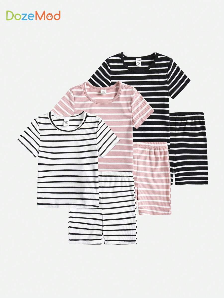 SHEIN Baby Girls' Casual Knitted Striped Short Sleeve Homewear Set - Multicolor - View 1